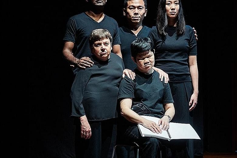 (Back row, from far left) Ramesh Meyyappan, Peter Sau and Grace Khoo as well as (front row, from far left) Sara Beer and Lim Lee Lee formed the cast of And Suddenly I Disappear: The Singapore 'd' Monologues.
