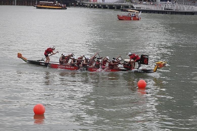 The Singapore Paddle Club boat coming in at 2:38.645 for a massive gap of over six seconds to retain their Premier Women title on the first day of the DBS Marina Regatta.