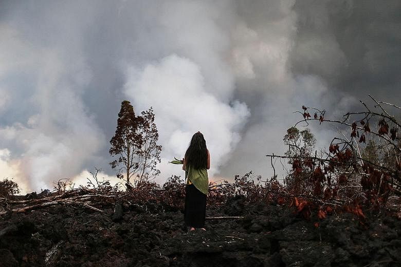 A traditional hula practitioner standing on a recent lava flow from a Kilauea volcano fissure on Hawaii's Big Island on Sunday, when offerings were left in a ceremony for Madame Pele, the Hawaiian goddess of volcanoes and fire. Hula is a Hawaiian dan
