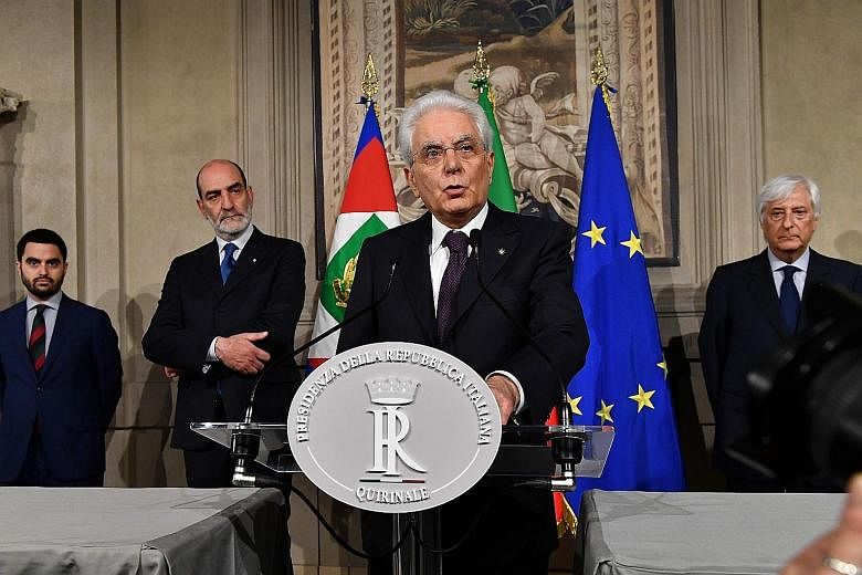 Italy's President Sergio Mattarella addressing journalists after prime ministerial candidate Giuseppe Conte gave up his mandate to form a government. Mr Mattarella has rejected the nomination of Mr Paolo Savona, known for his opposition to Italy's me