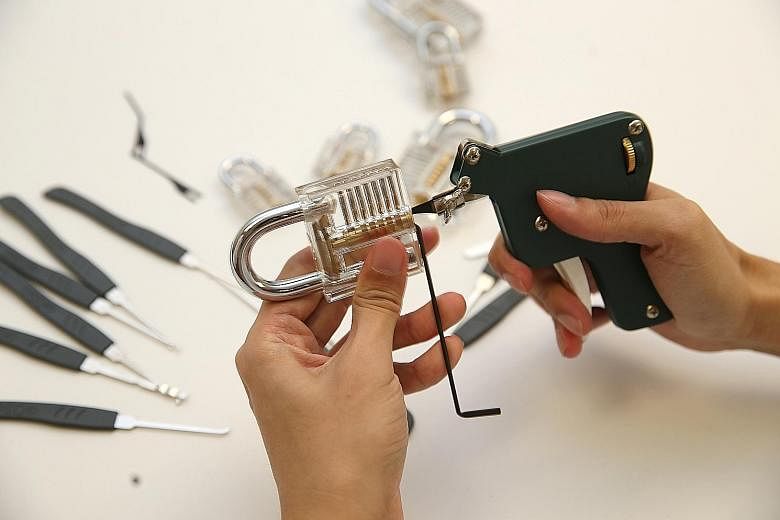 The tools for locksport typically include a transparent practice padlock and an array of lock-picking hooks. Sometimes, a lockpick gun is also used. Mr Zach Goh shows how a lock can be picked by using a tension wrench and a lockpick gun to ease open 