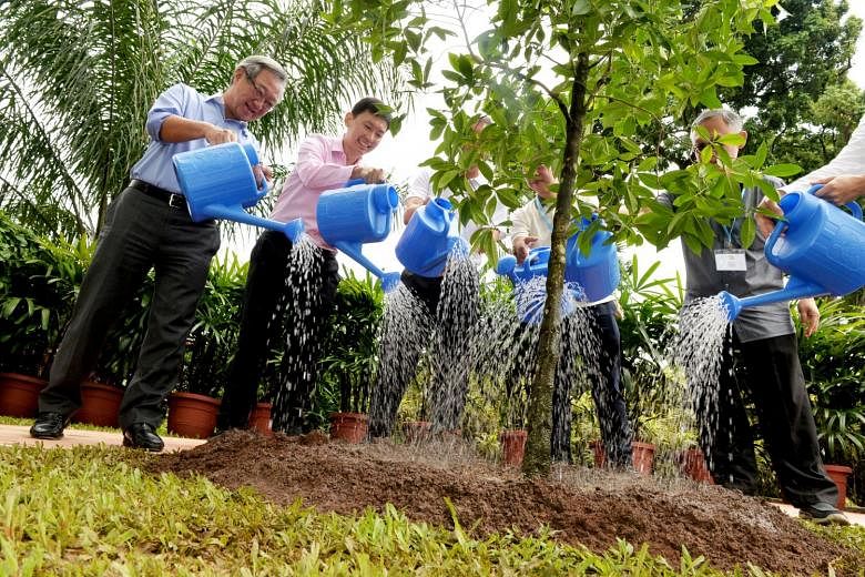 (From left) JTC chairman Loo Choon Yong, Senior Minister of State for Trade and Industry Chee Hong Tat, JTC CEO Ng Lang, NParks CEO Kenneth Er and JTC alumni president James Tan. Mr Chee planted a tree yesterday at Jurong Town Hall’s Garden of Fame. 