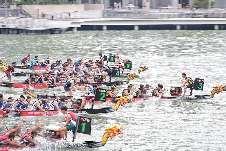 Nanyang Junior College surging to the front to win the Boys' A Division DB12 dragonboat final at the DBS Marina Regatta yesterday. Less than two seconds separated all six teams.