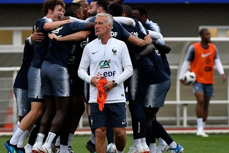 France players enjoying a light moment during a training session at their World Cup training camp. Didier Deschamps seems to have forged a sense of unity in the France squad before Les Bleus embark on their World Cup mission.