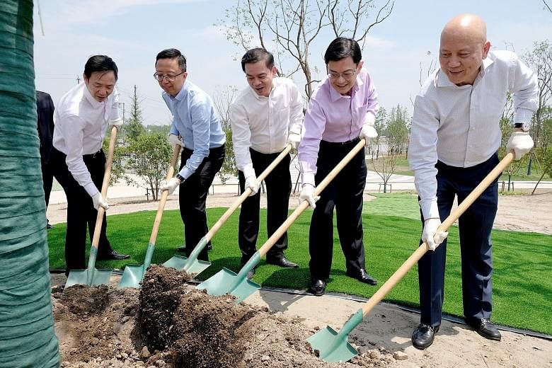 Finance Minister Heng Swee Keat (second from right) planting a young beech tree at the Singapore-Nanjing Eco Hi-Tech Island (SNEHTI) yesterday along with (from left) Mr Zhong Shengjian, chairman of SNEHTI Development; Singapore's Consul-General in Sh