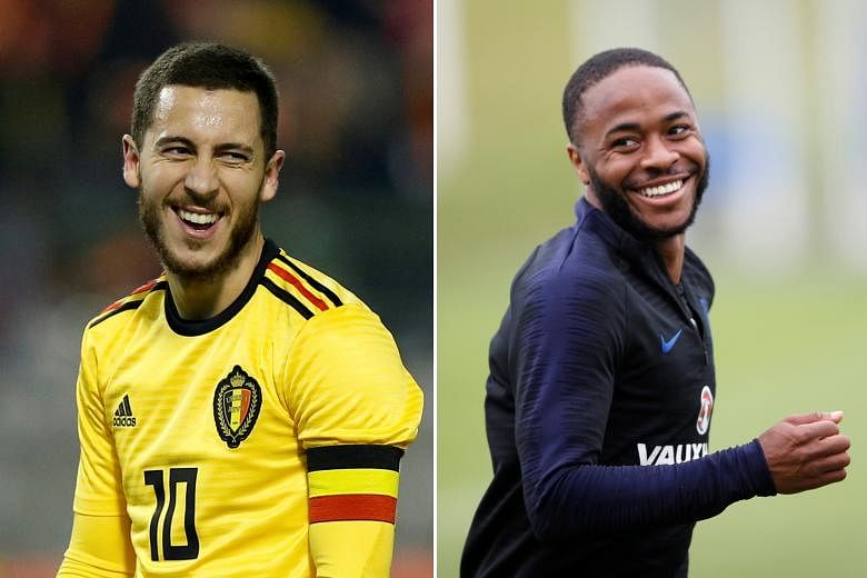 It will be a battle of the Premier League stars in Belgium versus England. Eden Hazard (far left) had 12 league goals in a relatively subdued season with deposed champions Chelsea, while Raheem Sterling hit the net 18 times in Manchester City's runaw