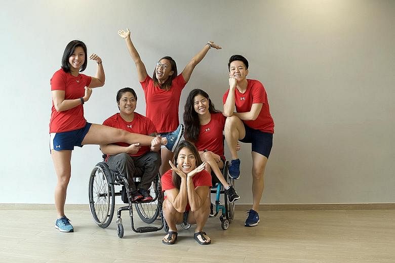 From left: National athletes Amanda Lim, Theresa Goh, Stephenie Chen, Yip Pin Xiu, Shayna Ng and Sarah Chen (front) formed the Heartwork initiative to help the less privileged in Singapore.