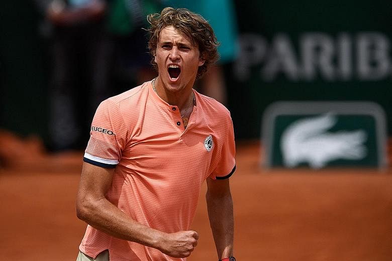 Germany's Alexander Zverev celebrating his fourth-round win over Russia's Karen Khachanov. He is bidding to become the first German man to win the French Open since 1937.