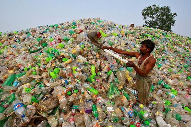 A worker at a plastic bottle junkyard in India. World Environment Day yesterday highlighted the perils of plastic use with the tagline "if you can't reuse it, refuse it". A woman gathering shells in a coastal forest littered with plastic waste stuck 