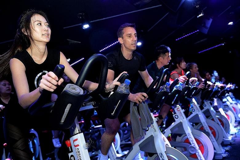 Former England and Manchester United defender Gary Neville at a rhythm cycling session at Absolute Cycle yesterday. In his opinion, England's prospects in Russia will depend largely on Jordan Pickford and Harry Kane.