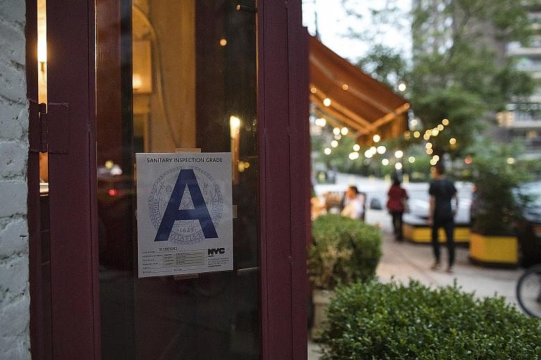 Health inspectors assign to restaurants letter grades, printed on placards, which must be visible from the street.