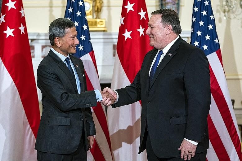 Foreign Minister Vivian Balakrishnan met US Secretary of State Mike Pompeo on Tuesday, and the two men had a working lunch at the US State Department in Washington. Dr Balakrishnan also met National Security Adviser John Bolton at the White House in 