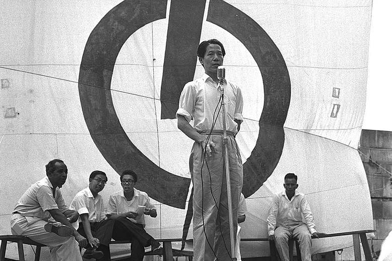 Above: Mr Jek Yeun Thong speaking at a by-election rally at Fullerton Square in 1961. Right (second row, from left): The late Mr Othman Wok, Mr Jek and Mr Ong Pang Boon at the 2015 National Day Parade.