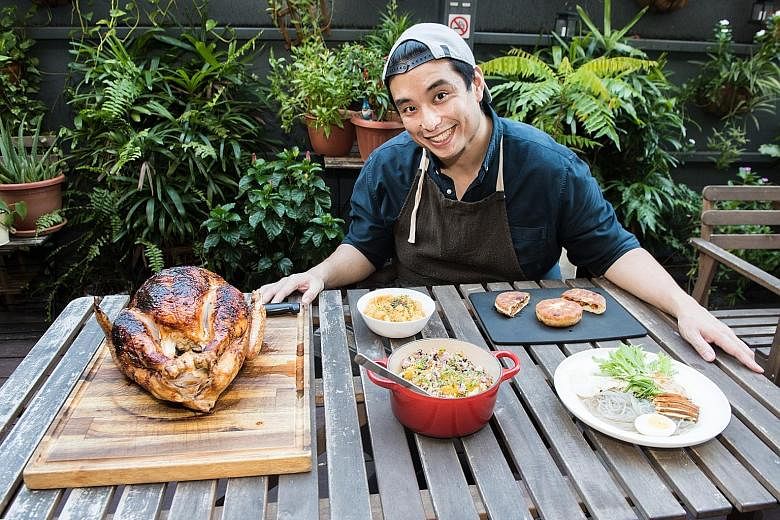 Summer Hill chef Anthony Yeoh with his suggested "Korean thanksgiving" summit dishes: gochujang turkey, kimchi mashed potatoes, naengmyeon and hotteok.