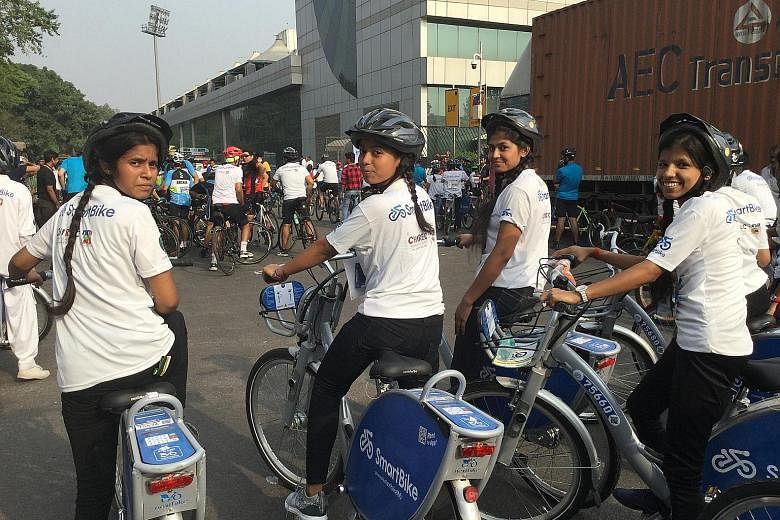 School girls at a bicycle rally in New Delhi to mark World Bicycle Day last Sunday. The rally witnessed the launch of a bike-sharing scheme that the New Delhi Municipal Council has started in collaboration with SmartBike, a firm based in Hyderabad.