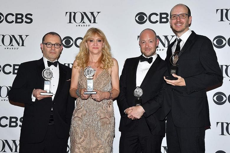 (above, From far left) Producers Colin Callender, Sonia Friedman, John Tiffany and Jack Thorne win Best Play for Harry Potter And The Cursed Child. Tony Shalhoub and Katrina Lenk win best actor and actress for their performances in the musical The Band's 