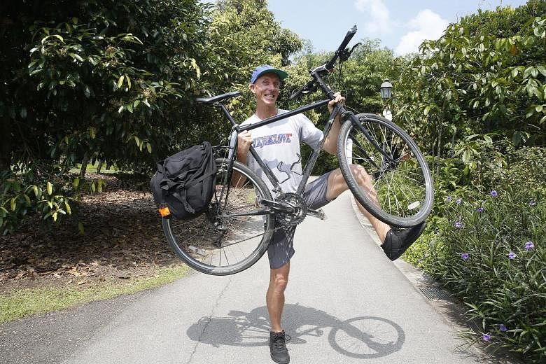 Mr Markus Pukonen has travelled halfway round the world from Toronto, Canada, using basically just muscle power - by walking, cycling, paddling along the Mekong River and hopping for 10km on a pogo stick, and he has not even taken the escalator - sin