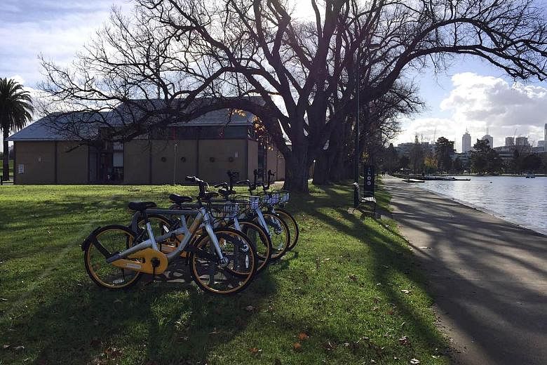 A row of oBikes seen beside the Yarra River near the Melbourne city centre. City of Melbourne tweeted the news that the yellow bikes would soon be less of an eyesore, acknowledging the role of individuals vandalising and abandoning bikes as a key pro