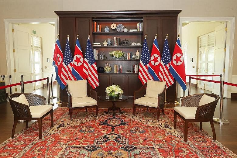From top: The library where Mr Donald Trump and Mr Kim Jong Un met one-on-one; the dining room where the US and North Korean delegations had lunch; the courtyard where the two leaders shook hands; and the dining room of Cassia restaurant where they s