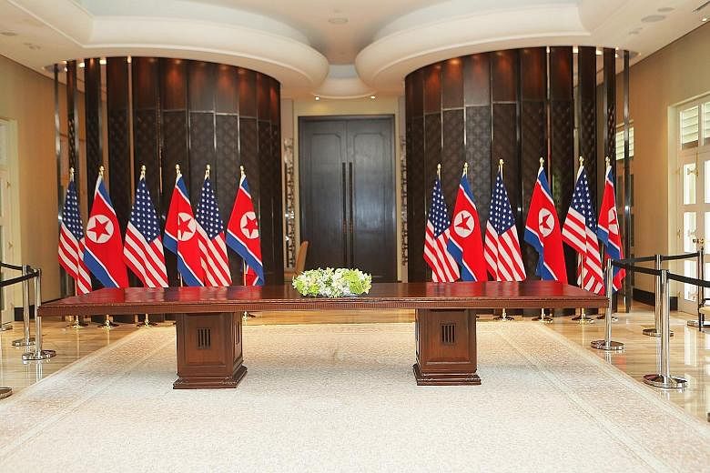 From top: The library where Mr Donald Trump and Mr Kim Jong Un met one-on-one; the dining room where the US and North Korean delegations had lunch; the courtyard where the two leaders shook hands; and the dining room of Cassia restaurant where they s