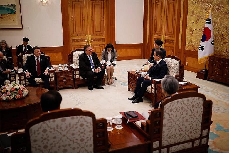 US Secretary of State Mike Pompeo at a bilateral meeting with South Korean President Moon Jae In at the presidential Blue House in Seoul yesterday.