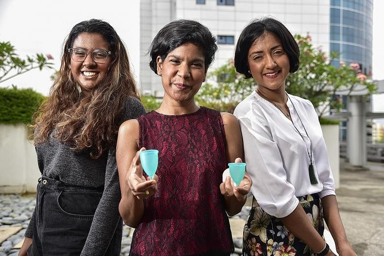 Sisters (from left) Rebecca, Joanne and Vanessa Paranjothy run social start-up Freedom Cups that promotes reusable menstrual cups. These flexible, bell-shaped cups can be fitted under the cervix to collect menstrual blood for up to 12 hours. Unlike t