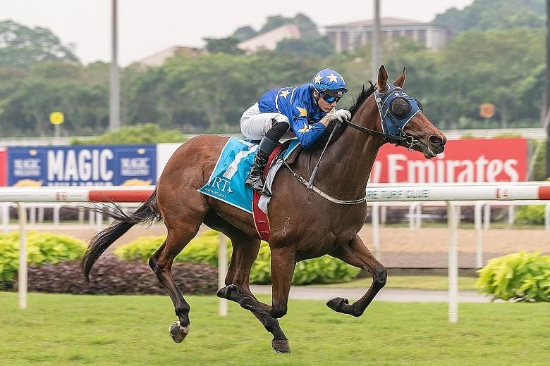 French jockey Ryan Curatolo making a triumphant return from a five-week injury break aboard Lim's Lightning in the $90,000 IRT Juvenile Stakes in Race 4 at Kranji yesterday.