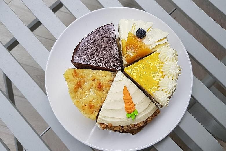 (Clockwise from top left) Chocolate Praline Cake, Mango Shortcake, Earl Grey Lavender, Carrot Cake and Country Apple Cake.
