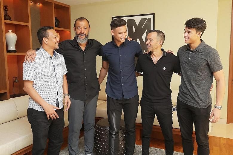 From left: Fandi Ahmad, Wolves manager Nuno Espirito Santo, Irfan Fandi, agent Jorge Mendes and Ikhsan Fandi at their meeting on Saturday. Nuno, who will coach Wolves in the English Premier League next season, and Mendes gave the two Young Lions advi
