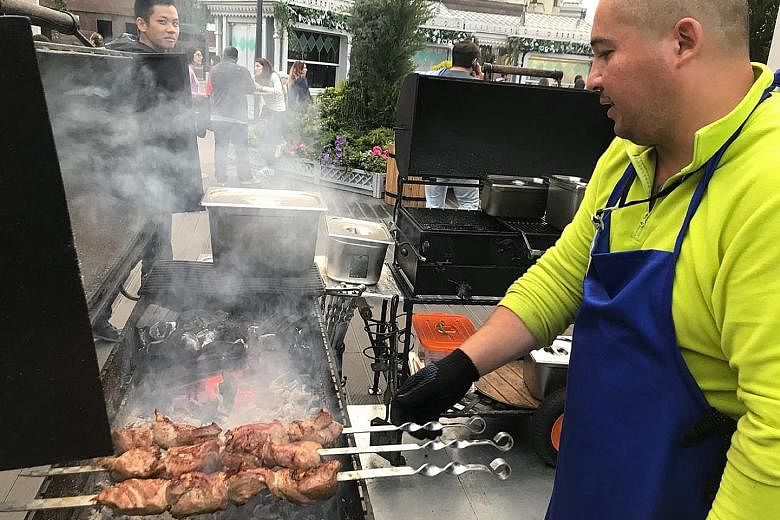 The burgers are good but Straits Times correspondent David Lee also tries a horse-meat kolbasa sandwich offered by Luda and Katia from Tula. Shashlik – skewered, grilled meat – was a hit with the writer. The My-My stolovaya is a Soviet-style canteen that 