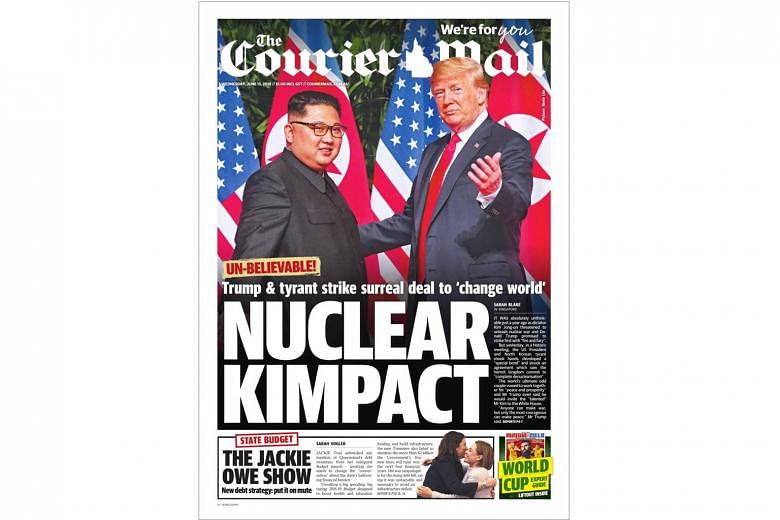 (Clockwise from top) The Straits Times executive photojournalist Kevin Lim's shot of the two leaders meeting in the courtyard of the Capella Singapore hotel on Sentosa last Tuesday was used by The Daily Telegraph, The Courier Mail and Time magazine, 