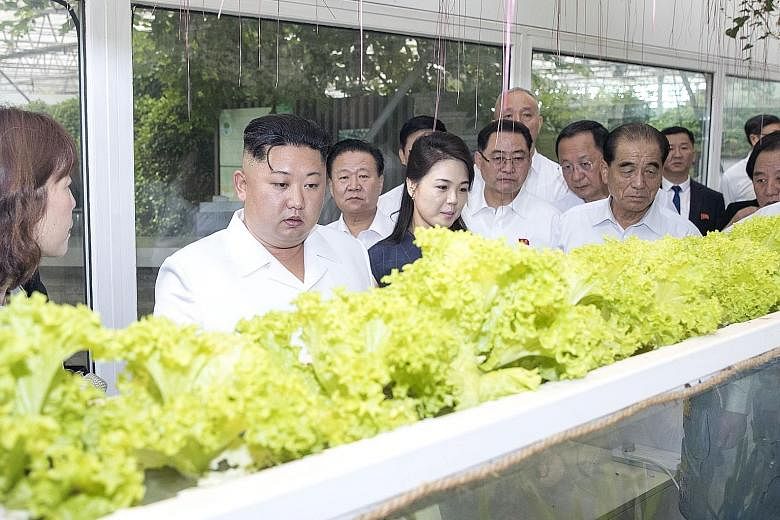 Mr Kim (second from left) and wife Ri Sol Ju (left) meeting Chinese President Xi Jinping and wife Peng Liyuan at the Diaoyutai state guest house yeterday. North Korean leader Kim Jong Un at a national agricultural sciences park under the Chinese Acad