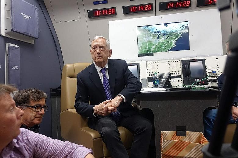 US Defence Secretary James Mattis aboard his official aircraft, on a trip taking him to China, South Korea and Japan.