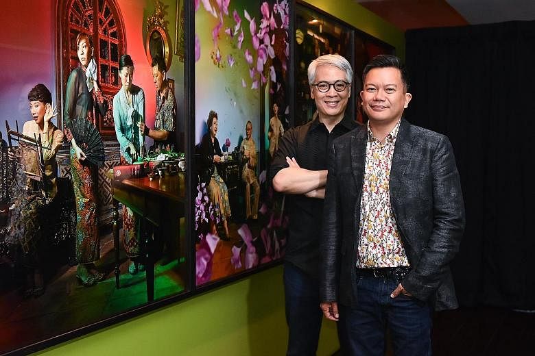 Amek Gambar: Peranakans And Photography exhibition co-curator Peter Lee (left) and Peranakan Museum general manager John Teo with some works on display. Baba in a sarong kebaya. Portrait of Oei Tiong Ham. Lee Poh Neo's selfie. Peranakan bride and gro