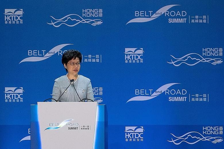 Hong Kong Chief Executive Carrie Lam speaking at the Belt and Road Summit in Hong Kong yesterday. She said in her opening address that the city is in the late stages of setting up its third Asean economic and trade office in Bangkok.