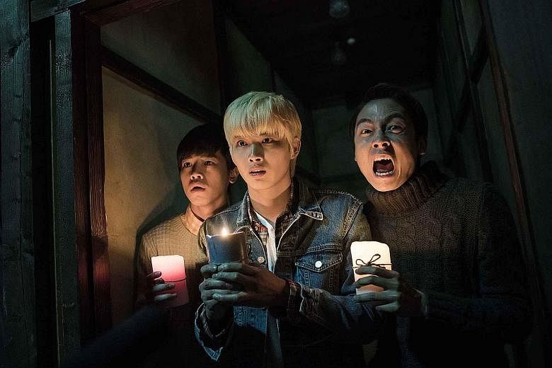 Secrets In The Hot Spring stars (from left) Hung Yan Siang, Zhang Ting Hu and Lin He Xuan. The horror-comedy centres on three classmates who end up as caretakers of a hot spring hotel, and how their friendship deepens when they are confronted by ghos