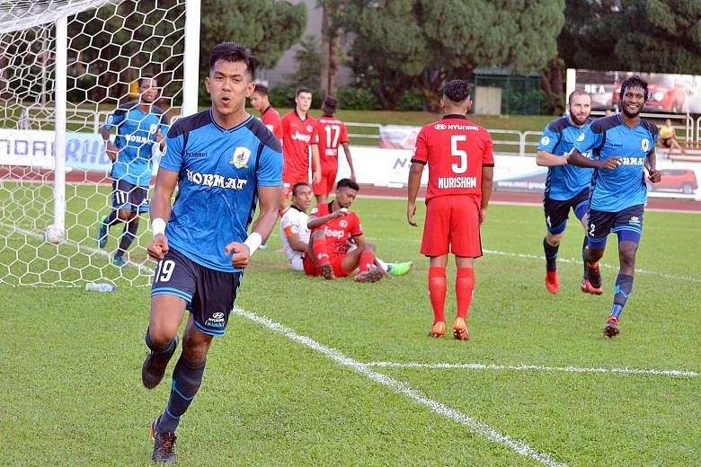 Striker Khairul Amri celebrating the second of his three goals for Tampines Rovers yesterday. Tampines defeated Balestier Khalsa 5-2 in their SPL match at the Toa Payoh Stadium.
