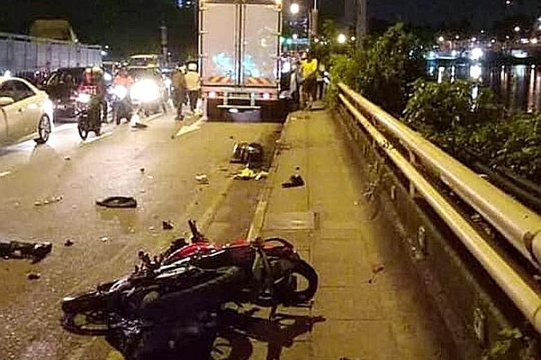 Photos of yesterday morning's accident posted on social media showed motorcycles strewn along the road and one underneath a lorry (top right).