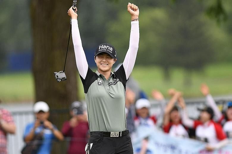 Park Sung-hyun celebrating after making a birdie on the second play-off hole to win the KPMG Women's PGA Championship on Sunday. She did not make a single bogey over the last 30 holes of the tournament.