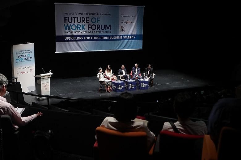 (From left) The Future of Work Forum was moderated by Straits Times' head of training and talent development Lydia Lim, and making up the panel were Google Singapore country director Stephanie Davis, head of Deloitte's Future of Work Centre of Excell