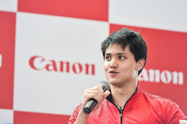 Joseph Schooling speaking during yesterday's event where he was introduced as Canon's brand ambassador. The national swimmer says corporate sponsorships and support are very important for an athlete's success.