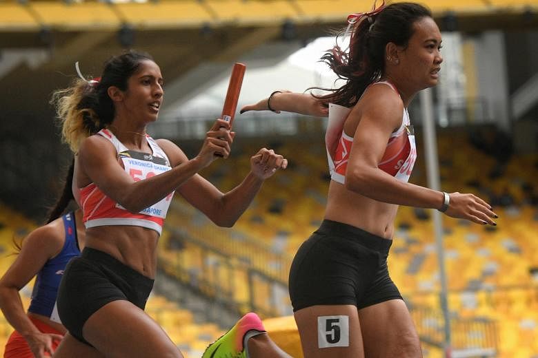 Shanti Pereira passing the baton to anchor runner Nur Izlyn Zaini in last year's SEA Games 4x100m relay final in Kuala Lumpur, where they set a national record of 44.96sec by finishing fourth with Wendy Enn and Dipna Lim-Prasad. Dipna is keen to know