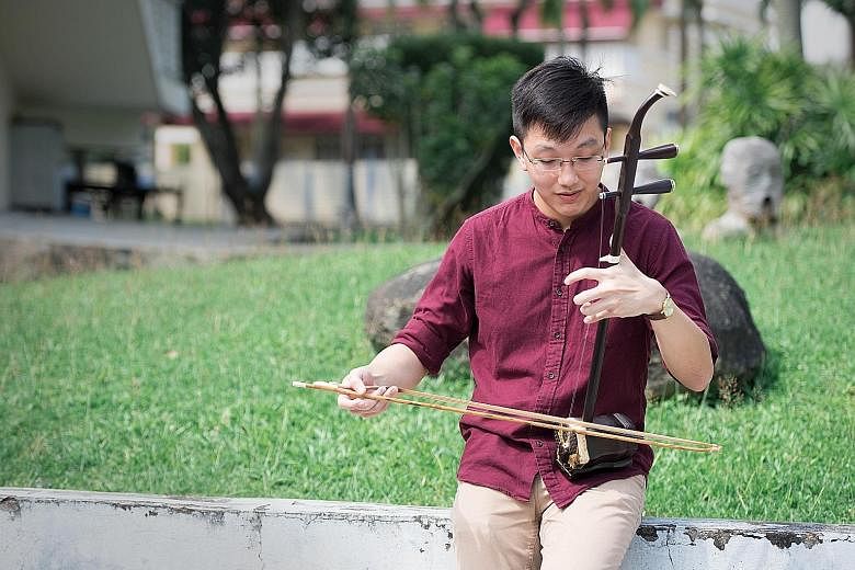 Freelance composer Phang Kok Jun, 29, playing the erhu. He started composing music while serving NS.