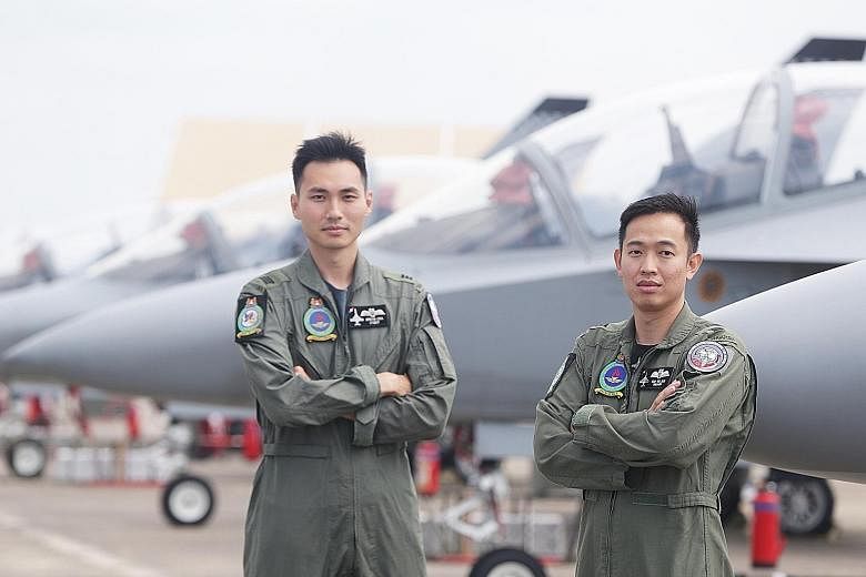 Above: Pilot trainee Lim Zhi Ler at the Cazaux Air Base, where over 180 Republic of Singapore Air Force fighter aircrew have trained in the past two decades. Below: Captains Jerevin Chia Min Feng and Yeap Wei Jiun will fly an M-346 Advanced Jet Train