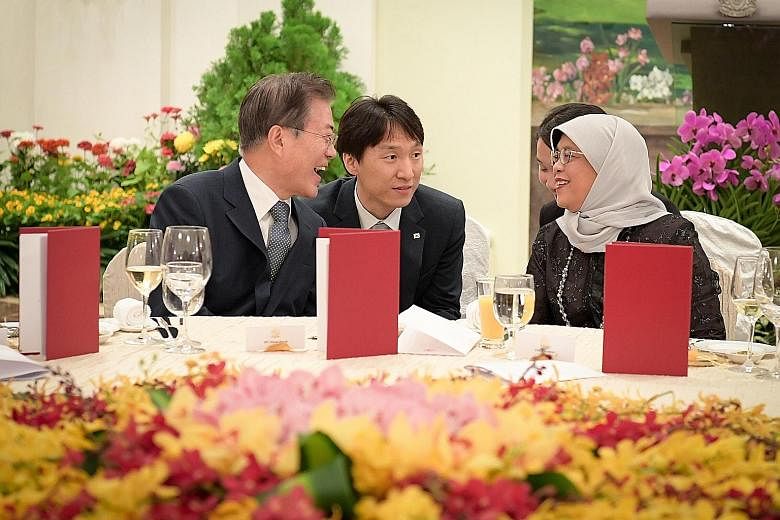South Korean President Moon Jae-in at a state banquet hosted by President Halimah Yacob at the Istana last night.