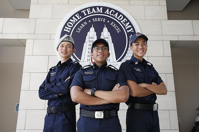 From left: NSFs of the Year Inspector (NS) Melvin Ong and Sergeant (NS) Hafiz Mohamad Hamzah, and the recipient of the Police National Service Statuette Award for the overall best trainee, Trainee Special Constable Douglas Choi.