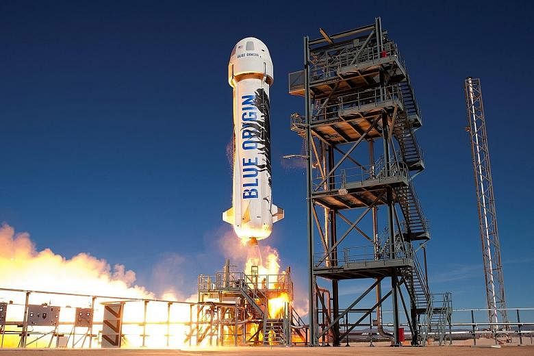 In Blue Origin's flights, six passengers will take their place in a capsule at the top of the New Shepard rocket (above), which detaches after the rocket is launched. During a few minutes of weightlessness, they can take in the view before returning 