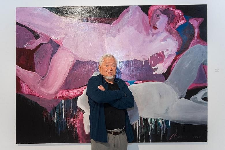 Artist Wong Keen seen here with his work, Study Of Two Figures, has over the years explored the nude human form in calligraphic sketches, formless acrylic and now deliberately alongside raw meat or burgers.