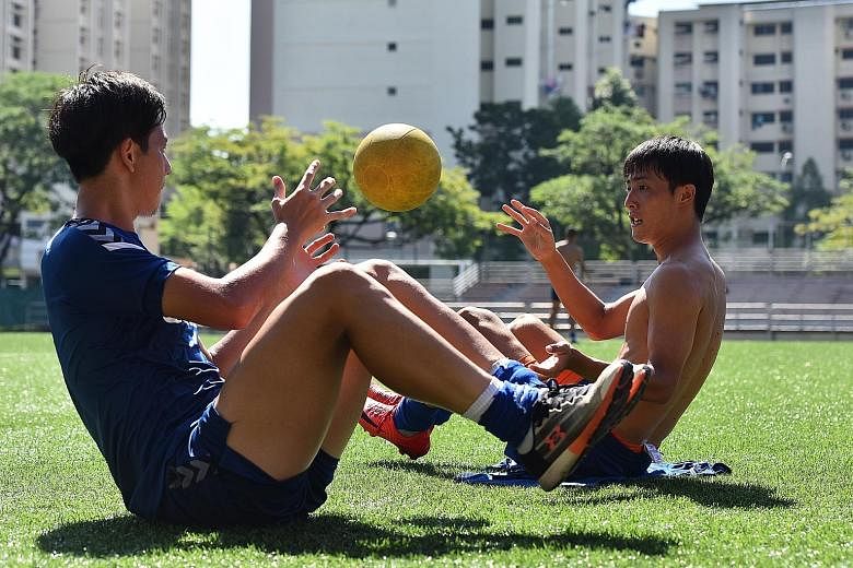 Albriex Niigata midfielder Hiroyoshi Kamata (far left) and defender Kaishu Yamazaki during training at Jurong East Stadium. There has been no let-up in intensity by the two-time defending champions since the season began. They have won 16 straight ga