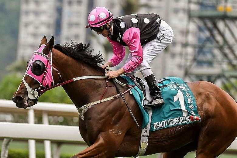 Beauty Generation winning the Group 1 Champions Mile with newly crowned champion jockey Zac Purton of Australia astride Champions Day in Sha Tin, Hong Kong on April 29.